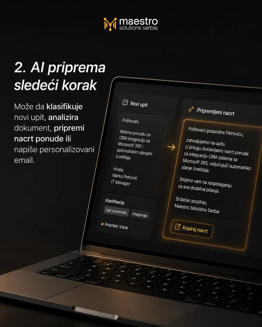 Novi upit klijenta i pripremljen nacrt odgovora jedan pored drugog na ekranu