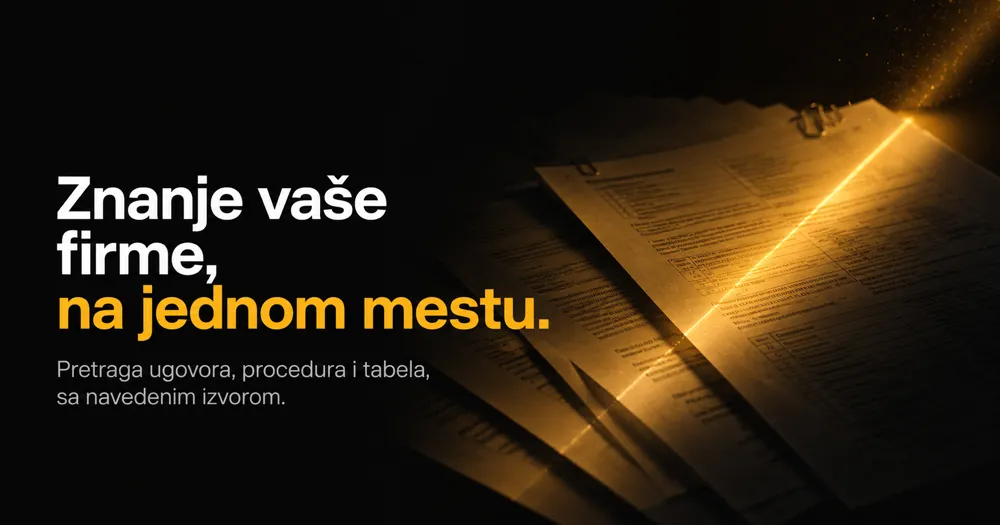 Naslov "Znanje vaše firme, na jednom mestu." pored dokumenata preko kojih prelazi narandžasti snop svetla