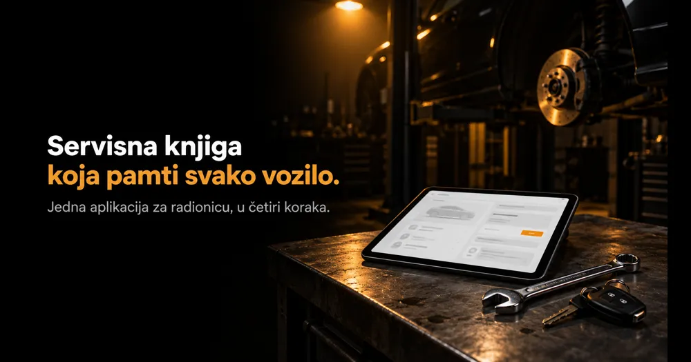 Naslov "Servisna knjiga koja pamti svako vozilo." pored tableta sa servisnim zapisom na radnom stolu u radionici