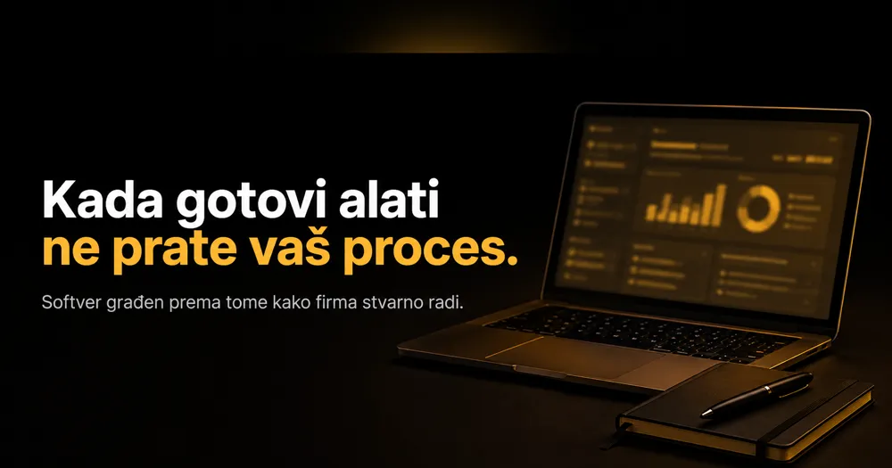 Naslov "Kada gotovi alati ne prate vaš proces." pored laptopa sa dashboardom u narandžastim tonovima