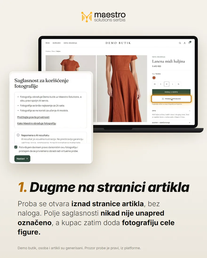 Laptop sa stranicom artikla Lanena midi haljina u Demo butiku, istaknutim dugmetom Probaj virtuelno i karticom saglasnosti ispred