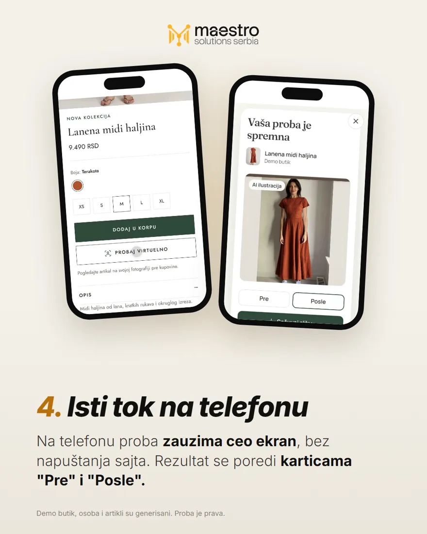 Dva telefona: stranica artikla sa dugmetom Probaj virtuelno i rezultat probe na kartici Posle, sa ženom u haljini terakota boje