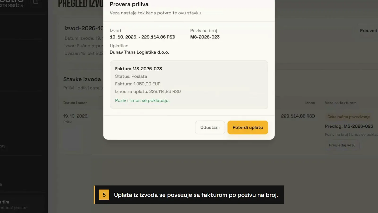 Provera priliva: uplata Dunav Trans Logistike od 229.114,86 dinara po pozivu na broj MS-2026-023, faktura od 1.950,00 evra i potvrda da se poziv i iznos poklapaju
