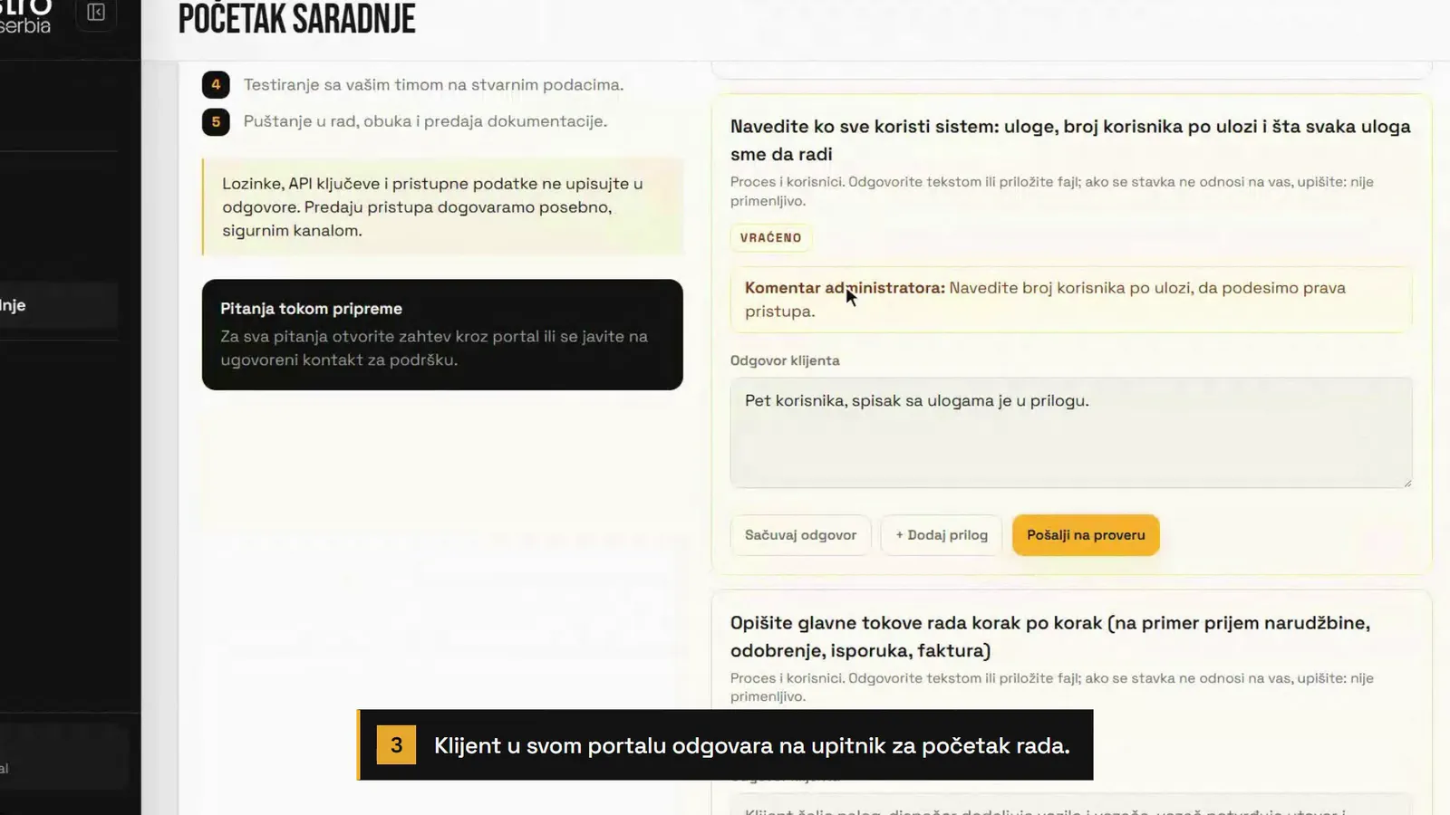 Portal klijenta, početak saradnje: stavka upitnika o korisnicima sistema vraćena je uz komentar administratora, a ispod su odgovor klijenta i dugme Pošalji na proveru