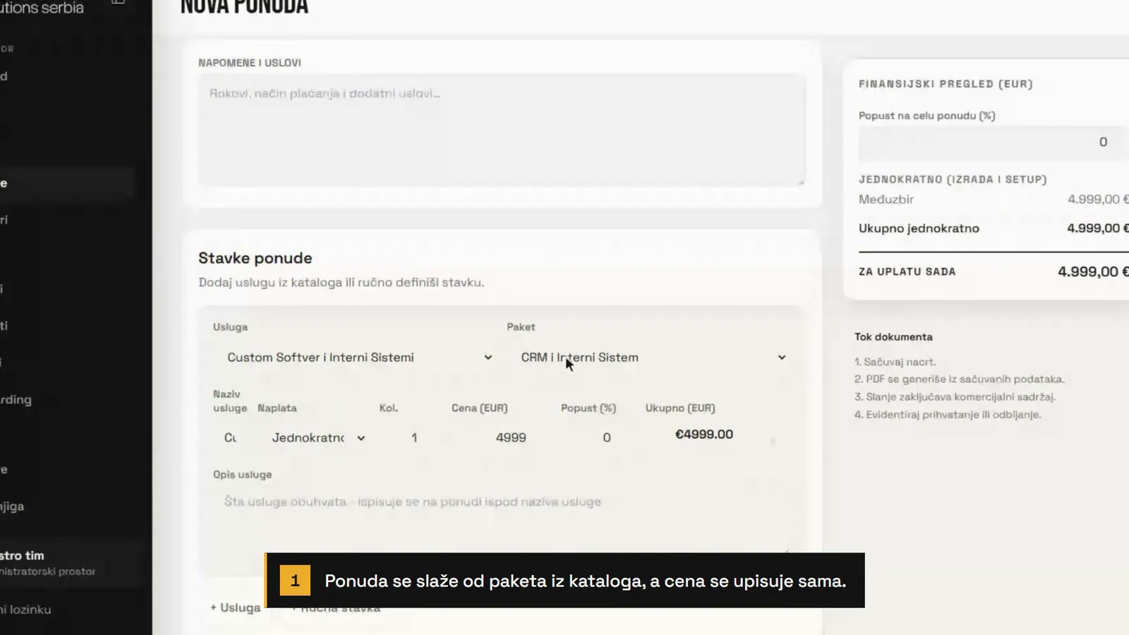 Nova ponuda: usluga Custom Softver i Interni Sistemi, paket CRM i Interni Sistem i cena 4.999 evra, a finansijski pregled desno pokazuje 4.999,00 evra za uplatu