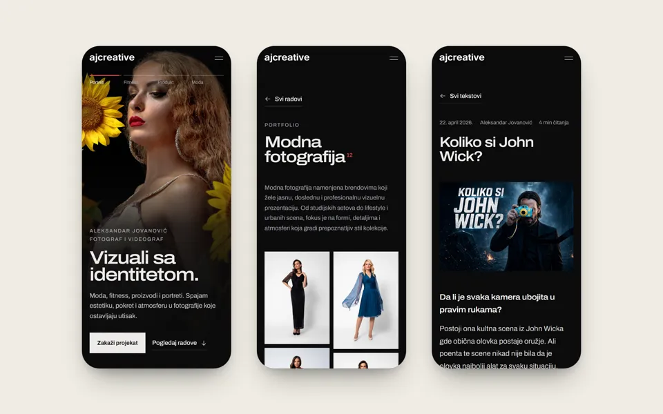 AJCreative site on a phone: homepage, a category and a blog post