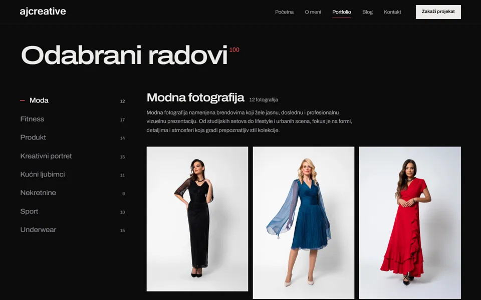 Selected work section with photo categories
