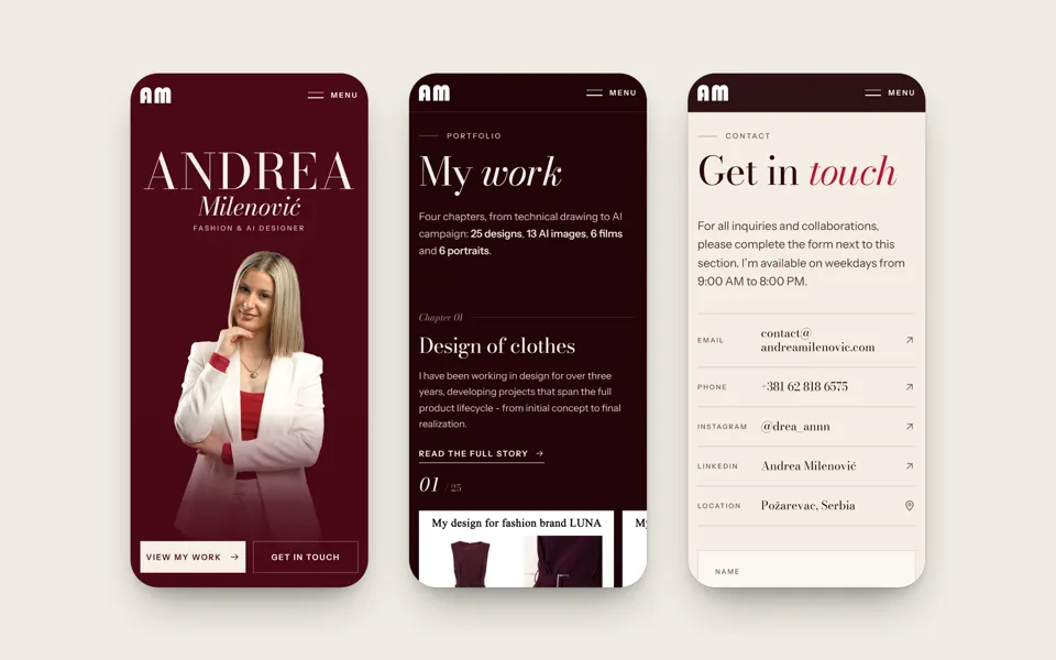 Andrea Milenović site on a phone: homepage, work and contact