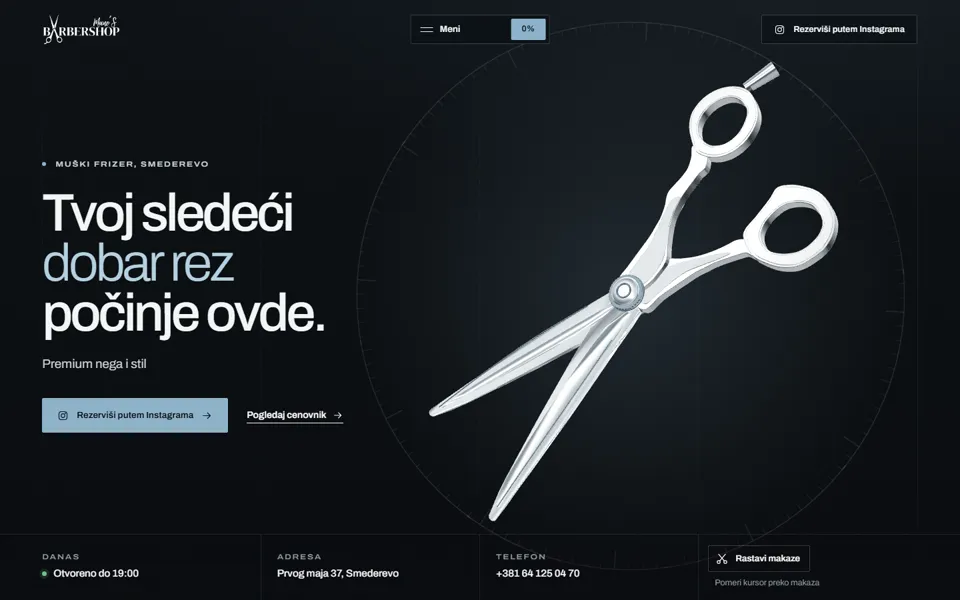Screenshot of the Mane's Barbershop homepage with the 3D scissors