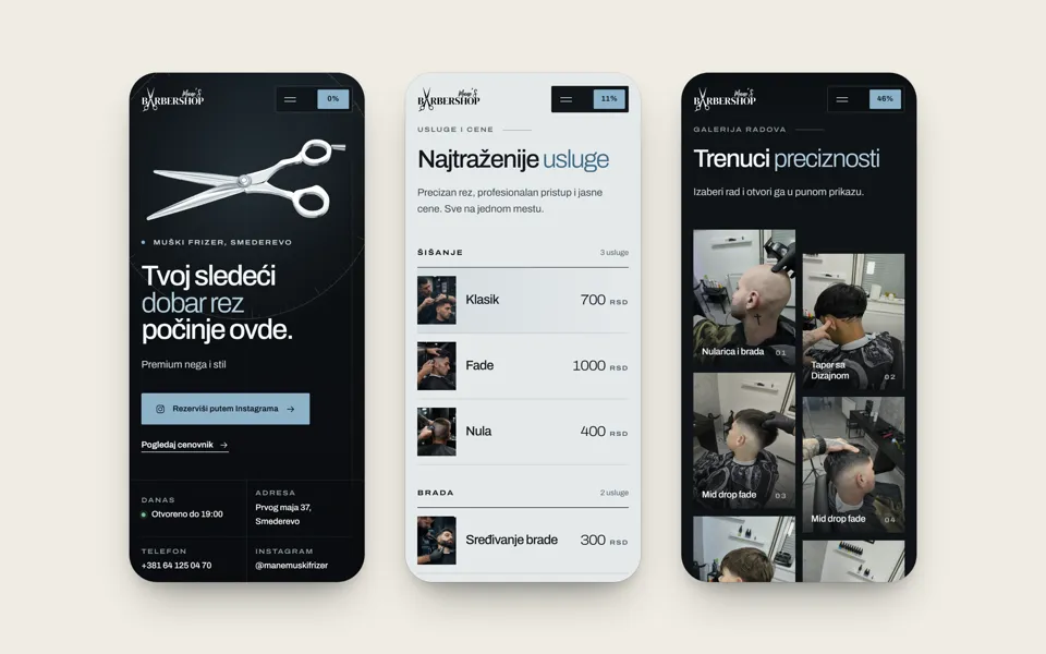 Mane's Barbershop site on a phone: homepage, price list and work gallery