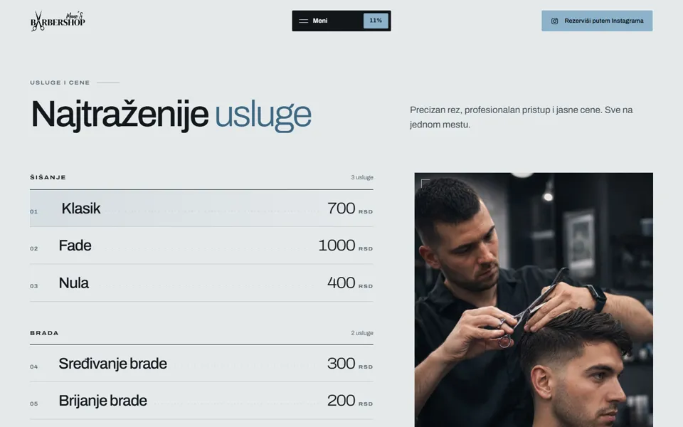 Service price list with a photo of the selected service