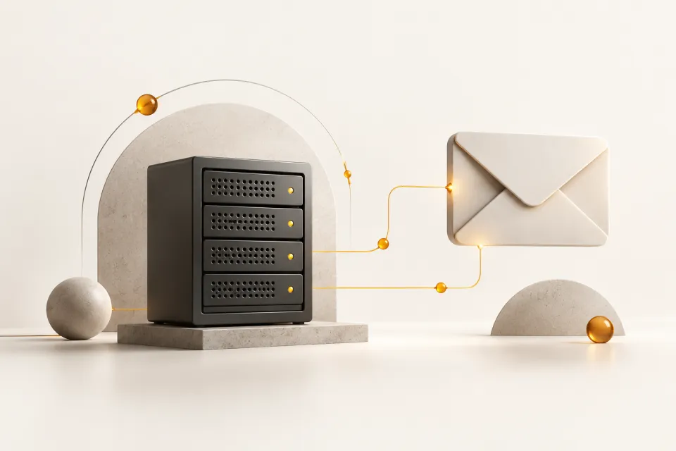 Ilustracija poslovnog email hostinga sa serverom i kovertom