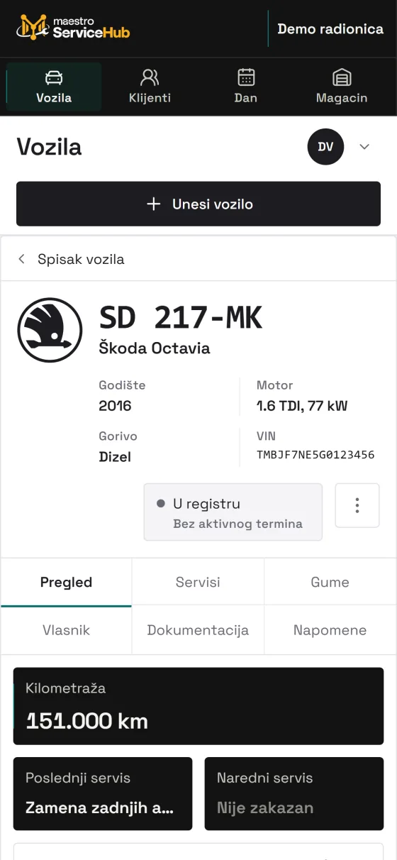 Isti dosije na telefonu: SD 217-MK, Škoda Octavia, 151.000 kilometara, poslednji i naredni servis