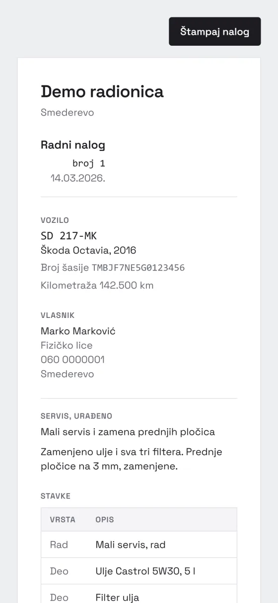 Isti radni nalog na telefonu: broj 1, SD 217-MK, Škoda Octavia, 142.500 kilometara, vlasnik i stavke