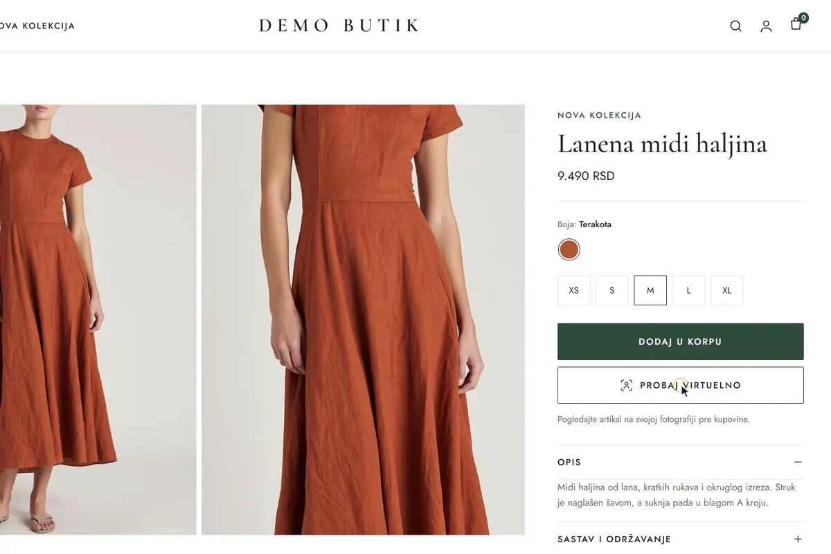 Stranica artikla Lanena midi haljina u Demo butiku, kursor na dugmetu Probaj virtuelno ispod dugmeta Dodaj u korpu