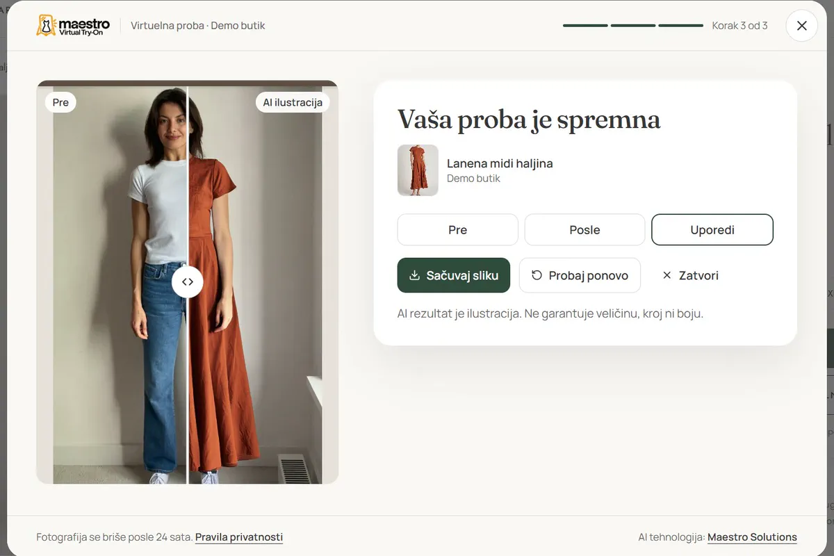Prozor probe sa rezultatom: klizač deli fotografiju kupca na deo pre i deo posle probe haljine