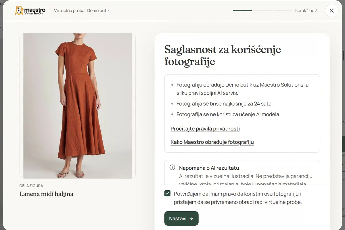 Prozor probe na koraku Saglasnost za korišćenje fotografije: ko obrađuje fotografiju, brisanje najkasnije za 24 sata, napomena o AI rezultatu i označeno polje saglasnosti