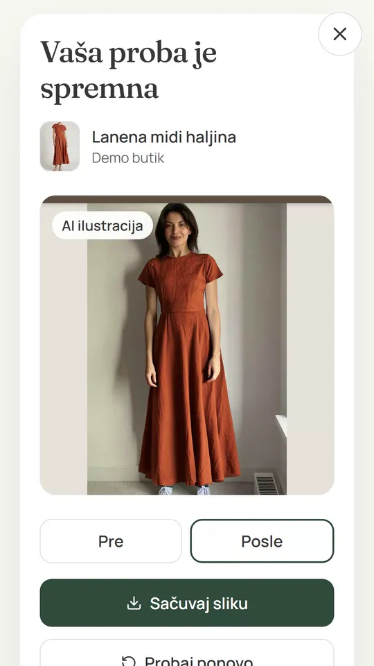 Proba na telefonu: prozor Vaša proba je spremna preko celog ekrana, izabrana kartica Posle sa rezultatom u haljini i oznakom AI ilustracija